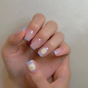 Handmade Private Label Gel X Daisy Bling Blue French Glitter Press on Nails 24 Pcs Artificial Fingernails