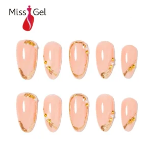 Handmade Short Almond Nails With Gold Metallic Details Acrylic Press On Nails 32pcs Luxury Artificial Nails