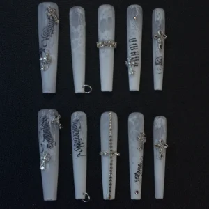Handmade White French Tips Cartoon Pattern ABS Press On Nails with Glue for Salon Use