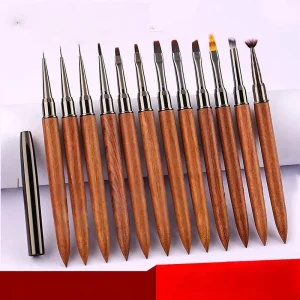 High Quality 12pcs Nail Art Tool Soft Flexible Bristle Sandalwood Handle Nail Art Brush for Manicure Salon