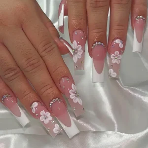 High Quality ABS Press On False Nails Long Square Press on Nails Rhinestone Flower Custom Design for Nail Art Salon
