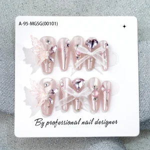 High Quality ABS Press on Nails with Glue Pre designed Square Stiletto Butterfly Designs for Finger Use