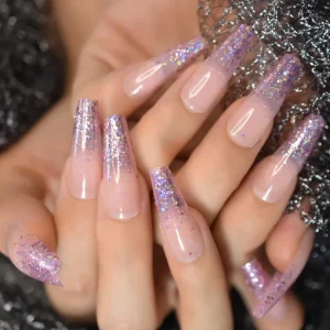 High Quality Acrylic Fake Nails Light Pink Half Transparent Coffin French Glitter Long False Nails