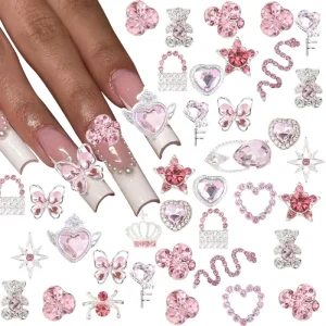 High Quality Alloy Pink Rhinestone Nail Charms 3D Love Butterfly Snake Cherry Shiny Metal Gems Crystals Nails Charm Brand