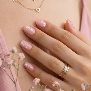 High Quality Artificial Fingernails Short Square False Fake Nails 3D Flower Soft Gel Pink Thick Press on Nails Set