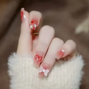 High Quality Cute Sweet Handmade False Nails Artificial Finger Pink White Love Heart Design Press on Nail