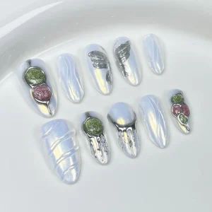 High Quality French Artificial Aurora Almond Nail Sculpted Cat’s Eye Gemstone Almond Press on Nails