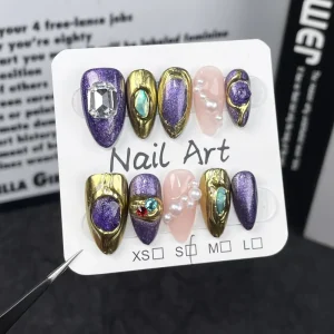 High Quality French Artificial Classic Vintage Inspired Deep Purple Pearl Nails Almond Press on Nails
