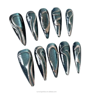High Quality French Blue Star Gravity Creative Hand Painted Cat Eye Metal Style Long Tips Press on Nail