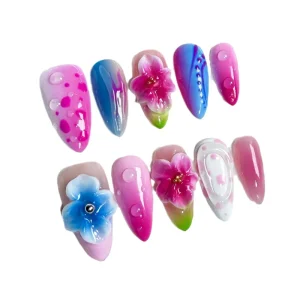 High Quality French Short Almond D Embossed Floral Blush Nails with Color Clash Press on Nails Artificial Fingernails