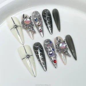High Quality French Spicy Girl Long Pointed Nail Tips with Hand Painted Metallic Designs Long Tips Press on Nail