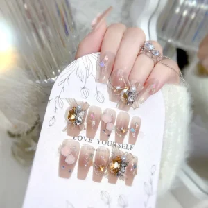 High Quality Gold Shiny Rose Flower Charm Artificial Nails Reusable Handmade Press on Nails with Lace Bow