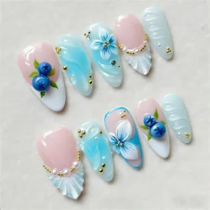 High Quality Handmade Acrylic Press on Nails Full Cover Glue Almond Design 10 Pcs Customizable Fake Nails