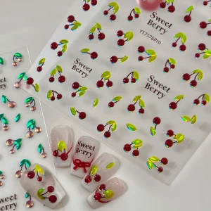 High Quality Plastic Non-Toxic Cherry 3D Flash Nail Art Stickers New Year Decoration Basic Packaging