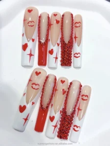 High Quality Red Heart Press Nails Handmade Artificial Full Cover Square Long Coffin Fingernails Press on Nail