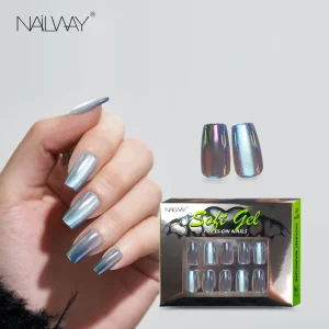 High Quality Short Square Blue Chrome Mirror Shiny Gel PMMA Custom Press On Nails Finger Stick On Nails