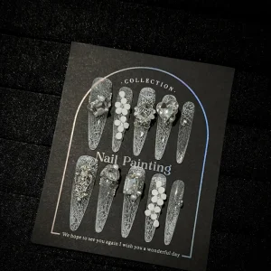 High end Handmade Acrylic Press on Nails White Lace With Nail Rhinestones Charms Design Stiletto Press Nails