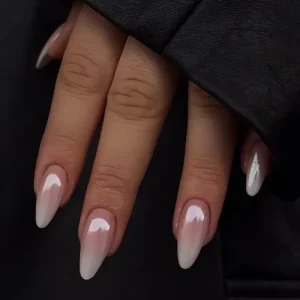 High gloss Medium Almond shaped Full coverage French Tip Artificial Nails Pink to white Gradient Artificial Nails