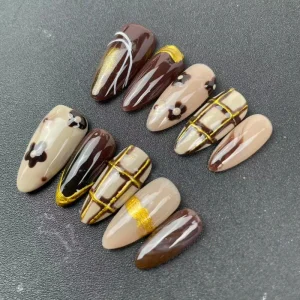 High-quality Factory Handmade Press-on Nails, Almond Shape, Coffee Color Hand-painted Style, Reusable