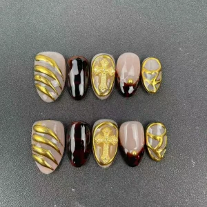 High quality Factory Handmade Press on Nails Reusable Almond Shape Hand painted 3D Design Shiny Colors