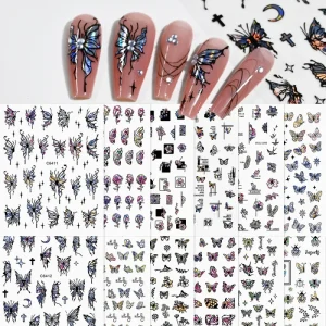 Holographic Butterfly 3D Nail Art Stickers Set Halloween Style Black Line Decals DIY Manicure Travel Friendly Non Toxic