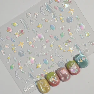Holographic Jellyfish Nail Stickers Summer Ocean Inspired Nail Art Decals for Beach Vacation Manicure