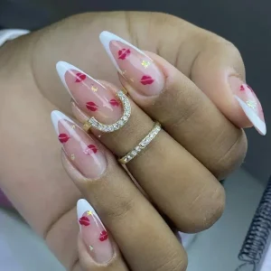 Homemade False Nail Valentine Day French Style Lip with Gold Foil Embossing Press On Nail Vendor Supplies