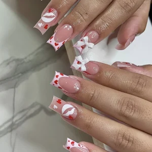 Homemade False Nail Valentine Day Red Heart Shaped Lip Print Pearl Bow Press on Nail Vendor Supplies