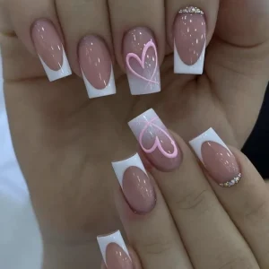Homemade False Nail Valentine Day Sweet Heart Print Steel Ball Diamond Accents Press On Nail Vendor Supplies