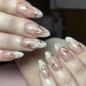 Homemade False Nail Valentine Day White Gradient Cat Eye Heart Starburst Press on Nail Vendor Supplies