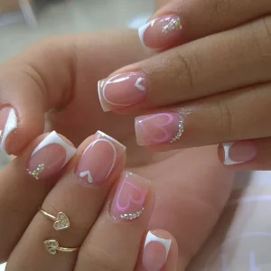 Homemade False Nail Valentine Day White Minimalist Design Pink Heart Press on Nail Vendor Supplies