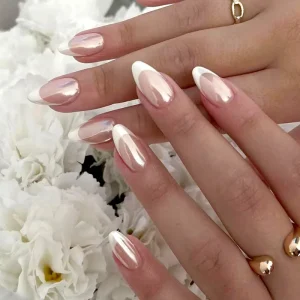 Hot Sell Tiktok Cat Eye With Glitter Tip Press on Nails Short Sharp Nails Nude Pink Acrylic Full Cover Glossy Glue on Nails