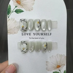 Hot Selling Cute Cat Eye Flower Butterfly Diamond Press on Nails for Girls Short Cartoon Style Almond Design Detachable Handmade