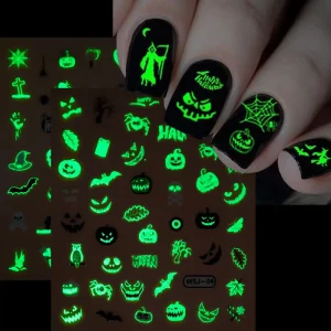 Hot Selling Halloween Glow in the dark Nail Stickers Decals Bat Pumpkin Halloween Nail Decoration With Adhesive Stickers