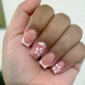 Hot Selling New Girl False Nails Press on Fingernails Short Square 3D Pink Flower Artificial Designs Nail Tips Abs Manicure
