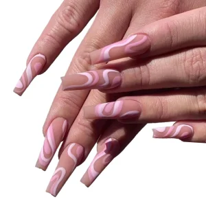 Hot Selling Rose Color Lines Press on Nails Cute Design Long square French Style Artificial Fingernails