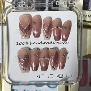 In Stock Handmade Pink Acrylic Nails with Glitter Diamond Square Design Press on Artificial Fingernails with Glue