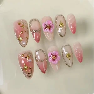 Ins Hot Selling Gold Line Almond Handmade Press on Nails Fashionable Simple Blush Metallic Style Cross False Nails for Sell