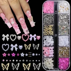 JIASI JS 12-Compartment Classic Mixed 3D French Non-Toxic Alloy Heart Bow Gold Butterfly Light Luxury Style Boxed Finger Nail