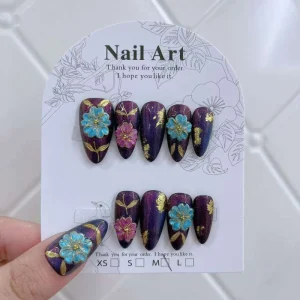 JIAZHIMU 10pcs Acrylic Removable False Nail Set 3D Flower French Design Almond Butterfly Long Stiletto Press on Nails