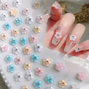 Japanese High Quality Shimmer 3D Flower Nail Charms with Rhinestone for Nail Art Decorations