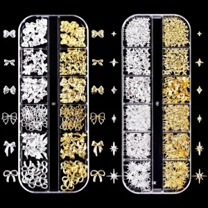 Japanese Style Gold Silver Metal Nail Rivets Butterfly & Beads Long Box Nail Art Decorations