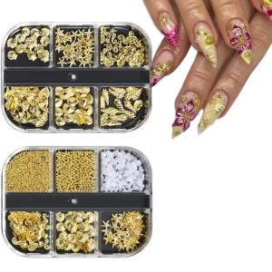 Japanese Style Ocean Nail Jewelry 6 Grids Gold Metal Shell Starfish Conch Nail Studs Mixed with Pearl Beads for Salon Manicure