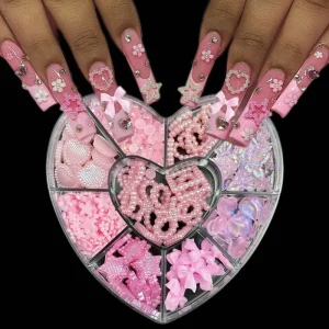 Kawaii 3D Plastic Nail Art Decoration Charms Mix Pink Resin Bow Pearl Heart Long Nail Sticker Decals