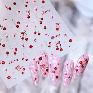 Kawaii Cherry Bow Nail Stickers 5D Cute Red Pink Flower Design Self Adhesive Decoration Nails Stickers DIY Nail Accessories