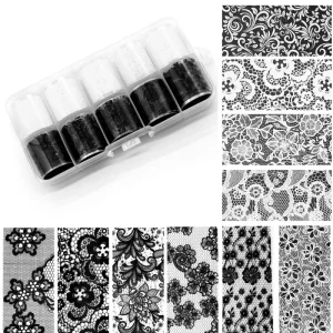 Lace Nail Transfer Foils Set 10 Rolls Box White Black Nail Sticker Paper DIY Manicure Tool Nail Decoration