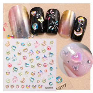 Laser Foil Stamping Imitation Diamonds Nail Art Sticker 5D 3D Soft Rubber Cat Butterfly Heart Pattern DIY Nail Decals