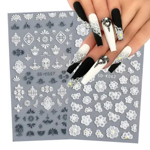 Latest Nail Art Decals 5D Embossed 7 Designs Black White Leaf Lace Stereoscopic Flower Back Glue Sticker Decoration PVC Material