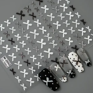 Leidankou 5D Embossed Black White Cute Nail Stickers Bow Knot Nail Art Stickers