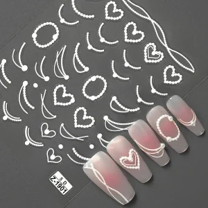 Leidankou Valentine’s Day Nail Stickers 5D Embossed White Heart Shape Line Nail Art Stickers